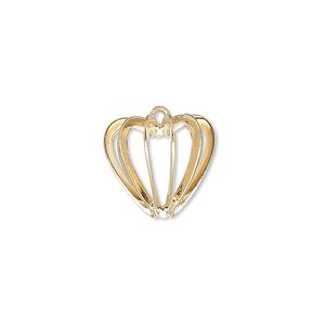 Drop, gold-plated brass and steel, 14mm heart bead cage. Sold per pkg of 100.