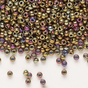 Seed bead, Miyuki, glass, pkg/250g, #8 rocaille, opaque nickel-plated golden olive iris (RR-188).