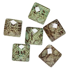 Flat back, acrylic, green and black, 18-19mm faceted square with snakeskin pattern. Sold per pkg of 6.