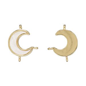 Link, brass / mother-of-pearl shell (bleached) / glass rhinestone 1pkg2, 14x12mm moon, gold finish / white / clear