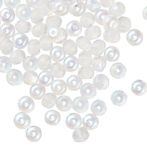 Bead, Czech fire-polished glass 1pkg100, matte opal AB, 5x4mm faceted rondelle.