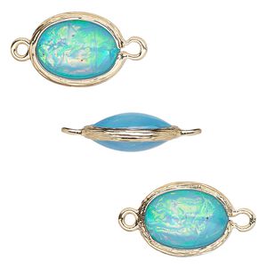 Link, Opalized Ice&trade;, "opal" (resin) and gold-finished brass, light blue, 16x12mm double-sided oval. Sold per pkg of 4.