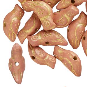 Bead, pressed clay, pink with gold, 19x7mm-21x9mm handmade bird. Sold per pkg of 20.