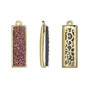 Drop, Druzylite&trade;, "druzy" (resin) and gold-finished brass, metallic purple, 21x8mm two-sided rectangle with open filigree back. Sold per pkg of 4.