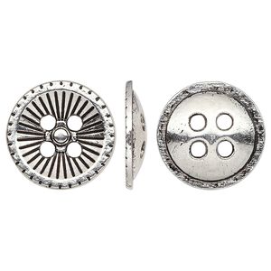 Button, antiqued silver-finished "pewter" (zinc-based alloy), 18mm single-sided corrugated round. Sold per pkg of 20.