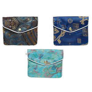 Pouch 1pkg3 silver-finished steel and rayon fabric, multicolored, 4.75x4-inch brocade.