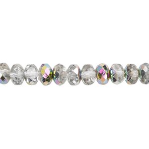 Bead, Czech fire-polished glass, clear vitrail, 7x5mm faceted rondelle. Sold per 15-1/2" to 16" strand.