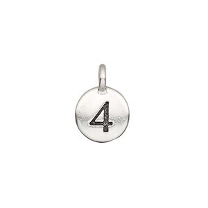 Drop, TierraCast&reg;, antique silver-plated pewter (tin-based alloy), 11.5mm single-sided round with textured number "4." Sold per pkg of 2.