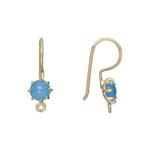 Ear wire fishhook 1pkg2 sterling silver / blue chalcedony, 22mm / 7.5mm hand-cut faceted round / closed loop, 19 gauge gold-finished 1 pair