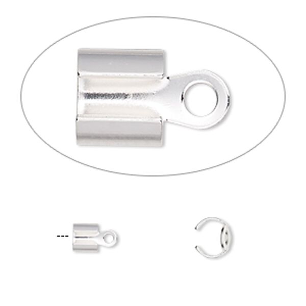 Cord end fold-over 1pkg100 silver-plated, 7x6mm / 5.5mm inside diameter, steel image number 0