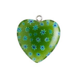 Component 1pkg1, silver-finished steel / millefiori glass, translucent green / cobalt blue / white, 24-25mm puffed heart.