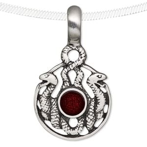 Pendant, enamel and antiqued pewter (tin-based alloy), red, 43x25mm round with snakes. Sold individually.