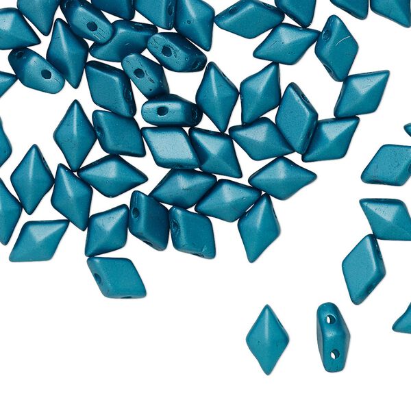 Bead, DiamonDuo&trade;, Czech pressed glass, opaque alabaster pastel blue zircon, 8x5mm faceted diamond with flat back and (2) 0.7-0.8mm holes. Sold per 10-gram pkg, approximately 70 beads. image number 0