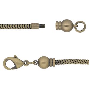 Chain 1pkg1 gold-plated snake, 2.6mm / lobster claw clasp / fits 3.5-6mm hole, Dione&reg; antique brass 16 inch