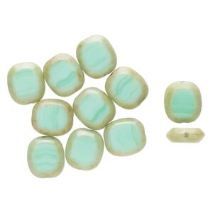 Bead, Czech glass, opaque turquoise and beige travertine, 14x13mm flat pillow. Sold per pkg of 11.