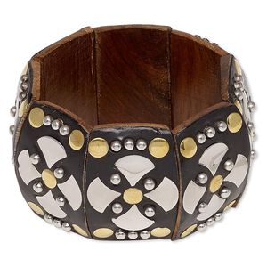 Bracelet, stretch, wood / resin / brass / stainless steel, dark brown, 48mm wide with iron cross design, 7 inches. Sold individually.