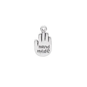 Charm, antique silver-plated "pewter" (zinc-based alloy), 13x9mm double-sided hand with "Hand Made." Sold per pkg of 20.