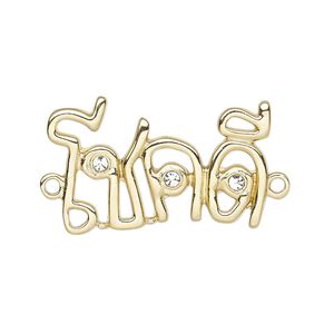 Link, cubic zirconia and gold-finished "pewter" (zinc-based alloy), clear, 30x18mm single-sided "Good Luck." Sold individually.