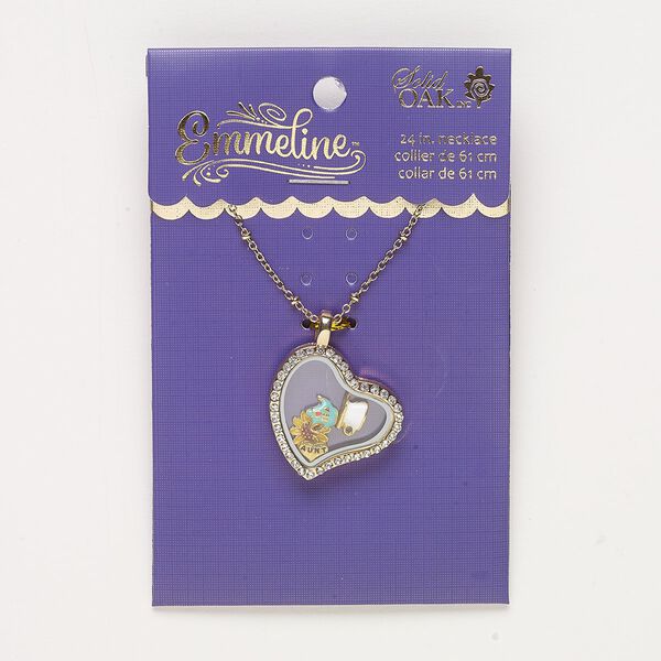 Necklace, glass / enamel / gold-finished "pewter" (zinc-based alloy) / steel, 28x27mm heart with mixed designs, 24 inches with 2-inch extender chain and lobster claw clasp. Sold individually. image number 0