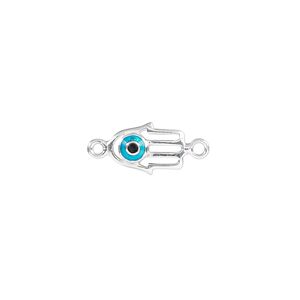 Link, sterling silver and enamel, blue and black, 11x8mm single-sided Hamsa hand. Sold individually.