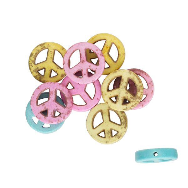 Bead mix, "howlite" (resin) (imitation), mixed colors, 15mm peace sign. Sold per pkg of 10. image number 0