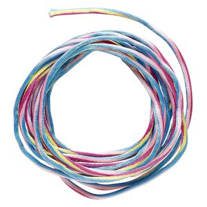 Cord, Satinique&trade;, nylon, blue / pinks / yellow, 2mm regular with vertical stripe. Sold per pkg of 10 feet.
