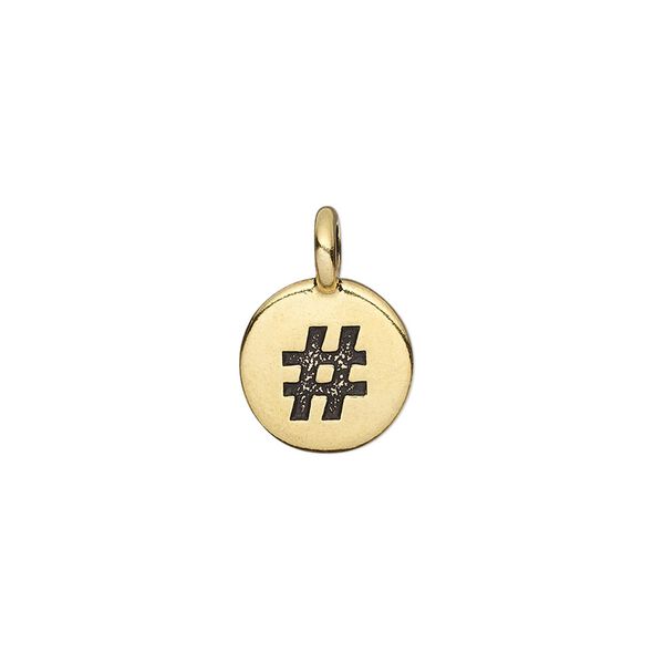 Drop, TierraCast&reg;, antique gold-plated pewter (tin-based alloy), 12mm single-sided flat round with textured hashtag or pound sign. Sold per pkg of 2. image number 0
