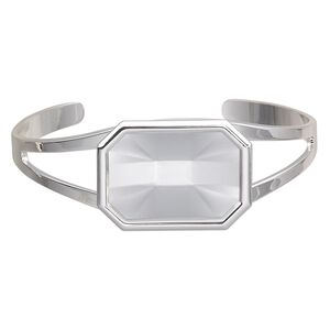 Bracelet, Almost Instant Jewelry&reg;, cuff, silver-plated brass and "pewter" (zinc-based alloy), 60x24mm with 27x18.5mm emerald-cut setting, adjustable. Sold individually.