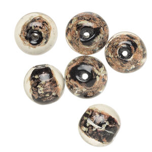 Bead, lampworked glass, clear / black / glow-in-the-dark / gold, 12mm round. Sold per pkg of 6.