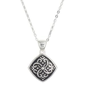 Necklace, Create Compliments&reg;, sterling silver and enamel, black, 15.5mm diamond with dot and swirl design, adjustable at 16 and 18 inches with springring clasp. Sold individually.