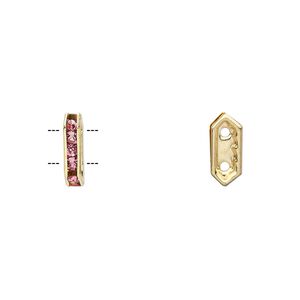 Spacer, glass rhinestone and gold-finished brass, rose, 11x2.5mm 2-strand bridge, fits up to 4.5mm bead. Sold per pkg of 10.