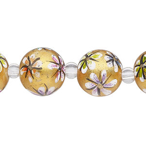Bead, glass 1pkg8, multicolored, 14mm round with hand-painted flower.