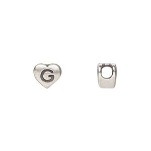 Bead 1pkg1 sterling silver, 7.5x7mm heart / letter G, antiqued Dione&reg;