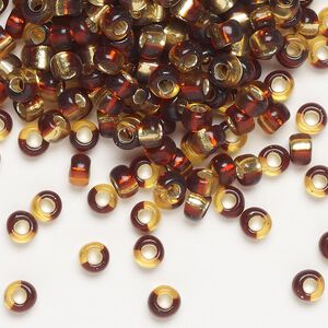 Seed bead, Miyuki, glass, pkg/25g, 4mm irregular round, transparent silver-lined dark red/gold, (TB-3936).