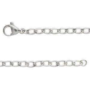 Chain 1pkg2 curb, 3mm flat / lobster claw clasp, stainless steel 18 inch