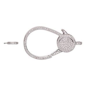 Clasp lobster claw 1pkg1 silver-plated, 35x22.5mm double-sided, brass / cubic zirconia clear 1-strand