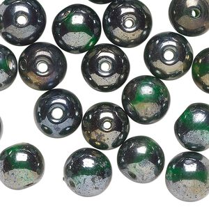 Bead, glass, opaque iris green, 10x9mm-11x10mm round. Sold per 2-ounce pkg, approximately 40 beads.
