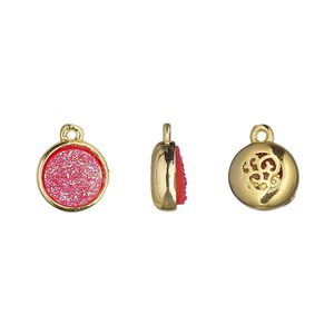 Drop, Druzylite&trade;, "druzy" (resin) and gold-finished brass, hot pink, 9.5mm two-sided round with open filigree back. Sold per pkg of 4.