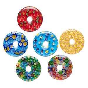 Component, millefiori glass, translucent multicolored, 24-26mm undrilled donut with flower design. Sold per pkg of 6.