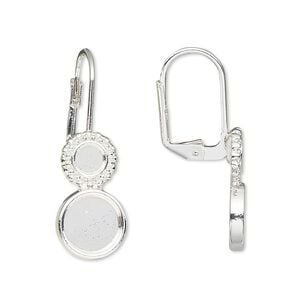 Ear wire leverback 1pkg10 Almost Instant Jewelry&reg;, 31mm / 4mm and 8mm flat back round glue-in setting, silver-finished brass 5 pair
