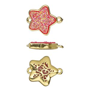 Link, Druzylite&trade;, "druzy" (resin) and gold-finished brass, hot pink, 15x14mm two-sided star with open filigree back. Sold per pkg of 4.
