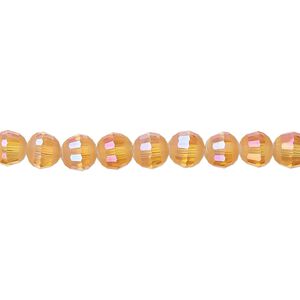 Bead 1pk 96 facets translucent golden blush AB half-matte, Celestial Crystal&reg; 6mm round 8 inch