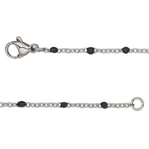 Chain 1pkg1 cable, 1.7mm flat / 2mm ball / lobster claw clasp, stainless steel / black enamel 16 inch