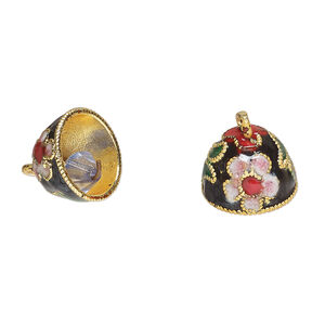 Bell, cloisonn&eacute; 1pkg2, gold-finished brass and enamel, black and multicolored, 12x10mm bell with flower and bead clapper.