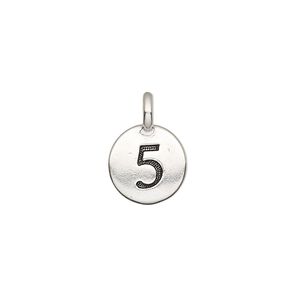 Drop, TierraCast&reg;, antique silver-plated pewter (tin-based alloy), 11.5mm single-sided round with textured number "5." Sold per pkg of 2.