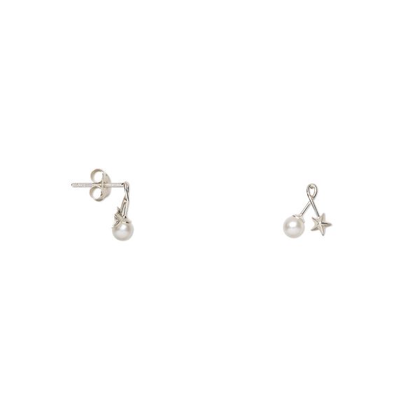 Earring, sterling silver and acrylic pearl, white, 10x6.5mm with star and post. Sold per pair. image number 0