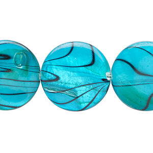 Mother-of-pearl shell 1pkg1, puffed flat round bead 15 inch blue / black stripe 19-20mm