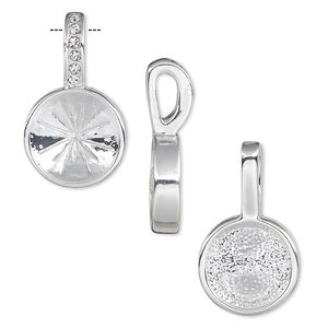 Pendant, Almost Instant Jewelry&reg;, crystals and silver-plated "pewter" (zinc-based alloy), crystal clear, 24.5x14mm single-sided round with 12mm rivoli setting. Sold individually.