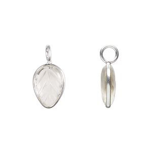 Drop, sterling silver and quartz crystal (natural), 14x9.5mm carved leaf. Sold individually.