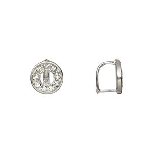 Bail, ice-pick, Egyptian glass rhinestone and imitation rhodium-plated brass, clear, 10mm round donut with 7x5.5mm grip length. Sold per pkg of 6.